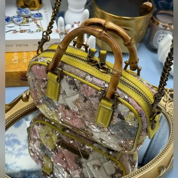 🆕 KURT GEIGER LONDON 🧿 NWOT XS Kensington Duffle, Yellow Floral Sequins - Picture 8 of 16
